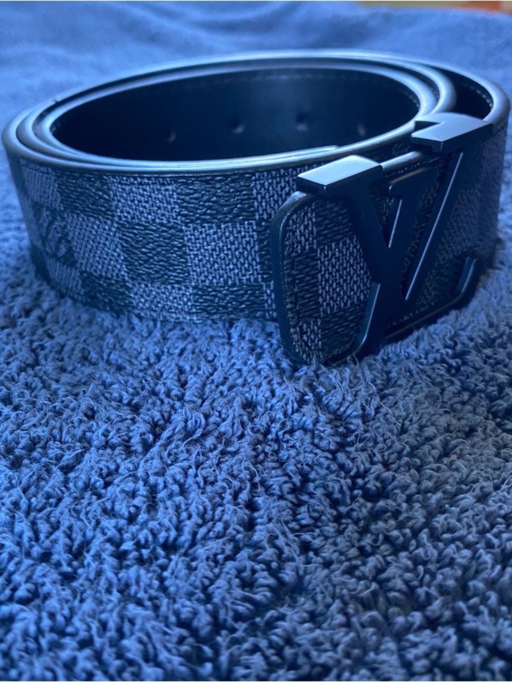 All Black “LV” Buckle on Black and Gray Damier Print Louis Vuitton Belt. 115cm